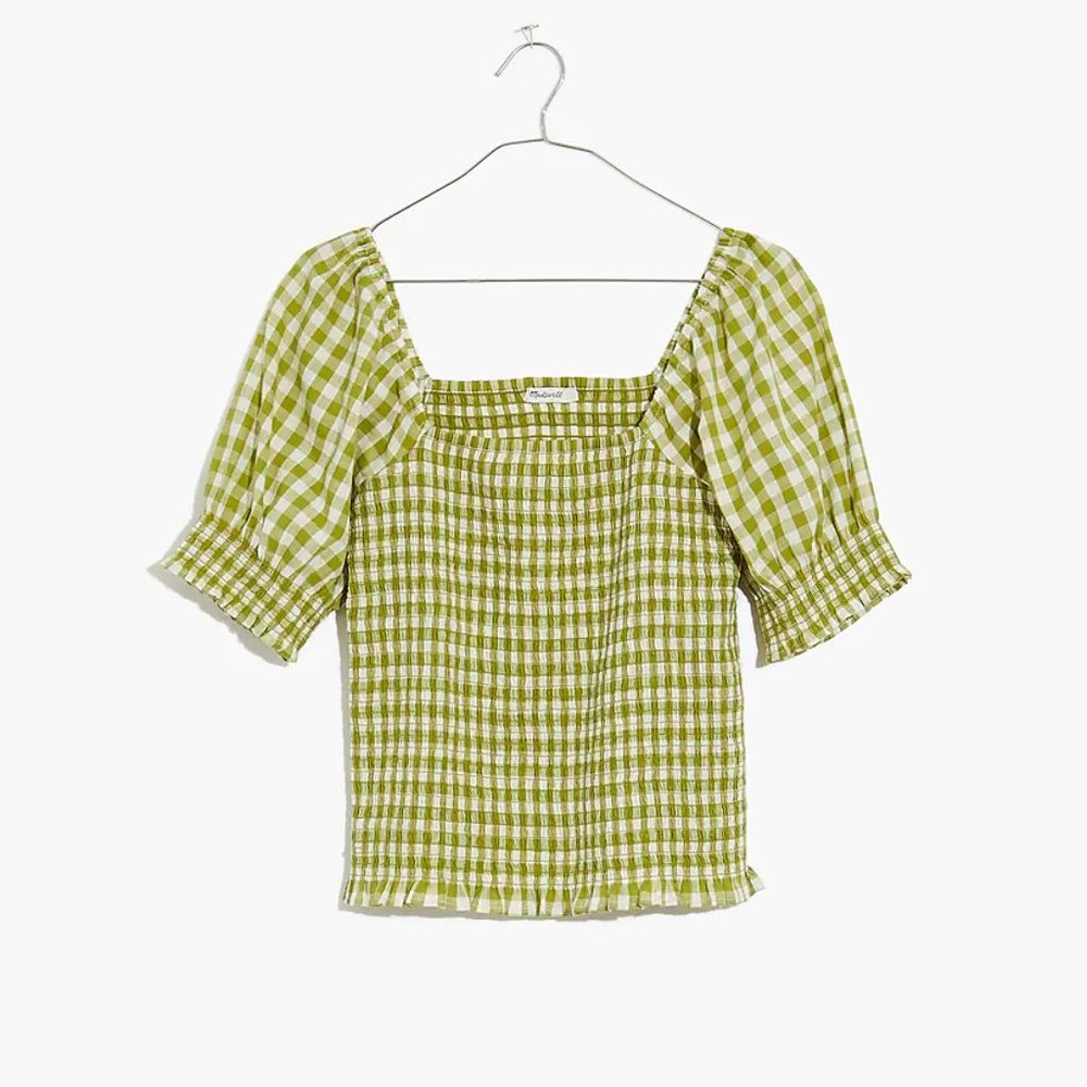 Madewell Lucie Puff-Sleeve Smocked Bodice Top in Gingham Check, Size Small